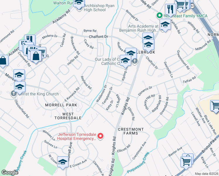 map of restaurants, bars, coffee shops, grocery stores, and more near 10970 Templeton Drive in Philadelphia