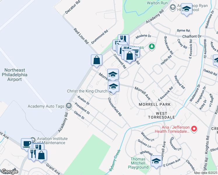 map of restaurants, bars, coffee shops, grocery stores, and more near 3222 Chesterfield Road in Philadelphia