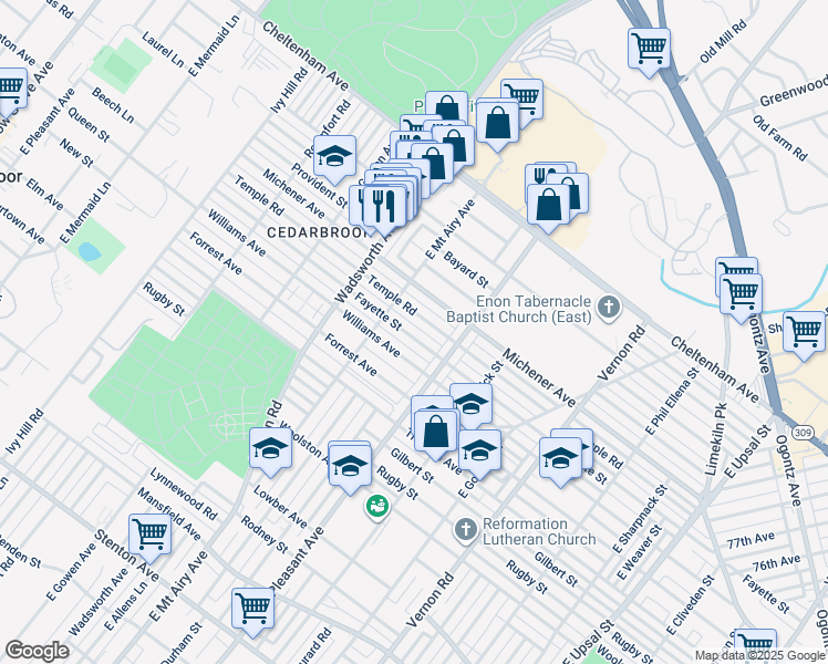 map of restaurants, bars, coffee shops, grocery stores, and more near 8254 Temple Road in Philadelphia