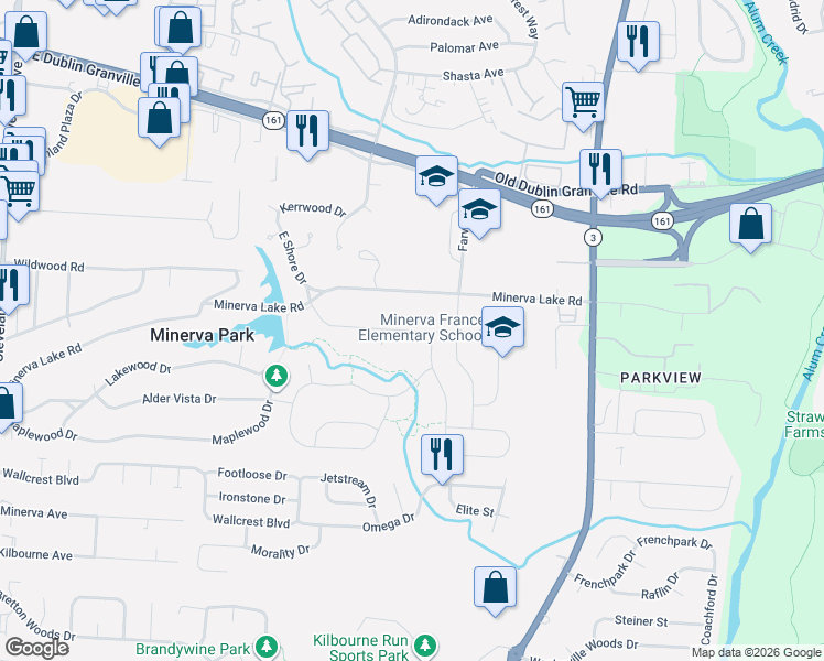 map of restaurants, bars, coffee shops, grocery stores, and more near 3118 Green Line Way in Columbus