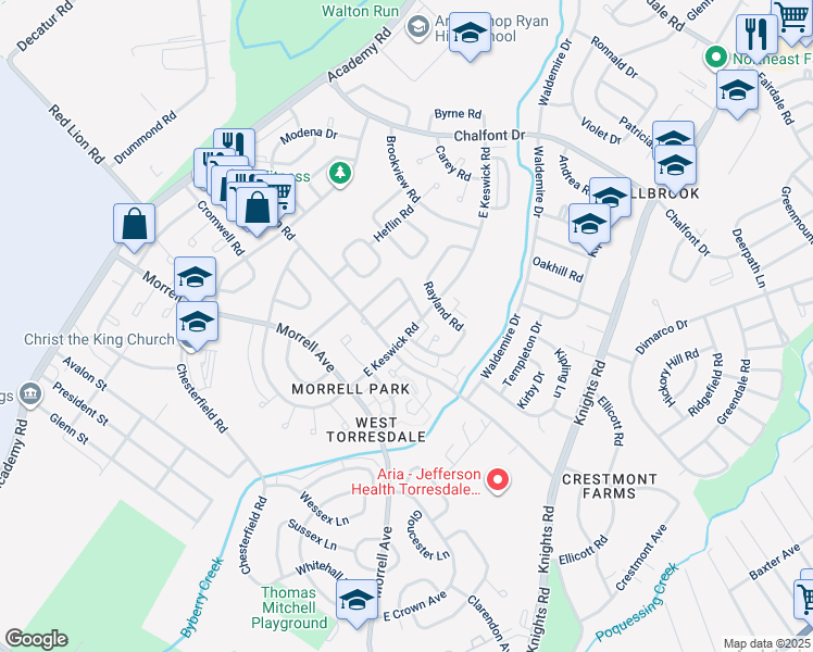 map of restaurants, bars, coffee shops, grocery stores, and more near 10724 East Keswick Road in Philadelphia