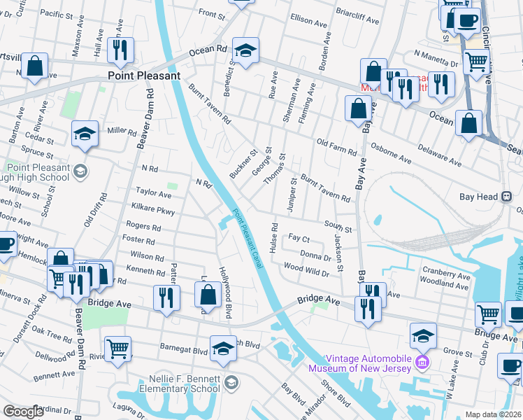map of restaurants, bars, coffee shops, grocery stores, and more near 1422 Thomas Street in Point Pleasant