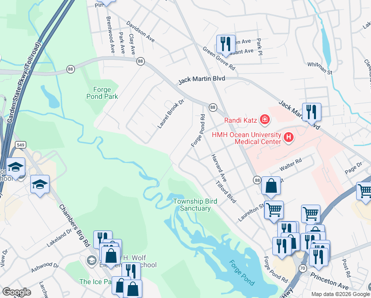 map of restaurants, bars, coffee shops, grocery stores, and more near 1583 Forge Pond Road in Brick Township
