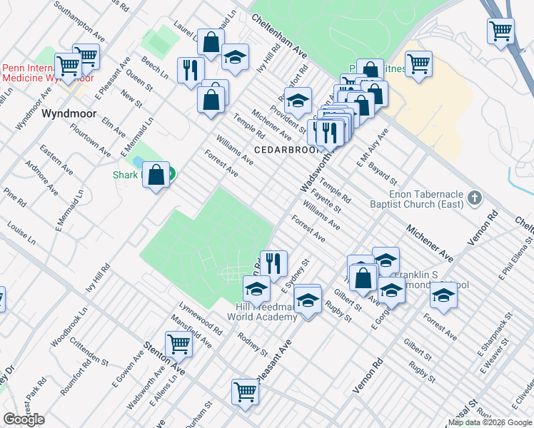 map of restaurants, bars, coffee shops, grocery stores, and more near 8420 Forrest Avenue in Philadelphia