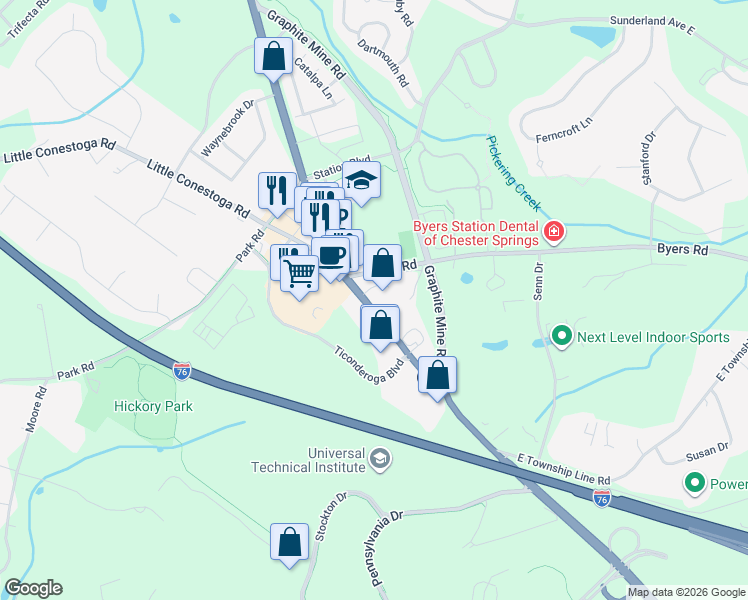 map of restaurants, bars, coffee shops, grocery stores, and more near 124 Byers Road in Chester Springs