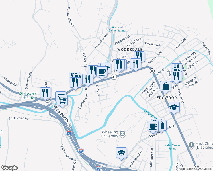 map of restaurants, bars, coffee shops, grocery stores, and more near 8 Congress Avenue in Wheeling