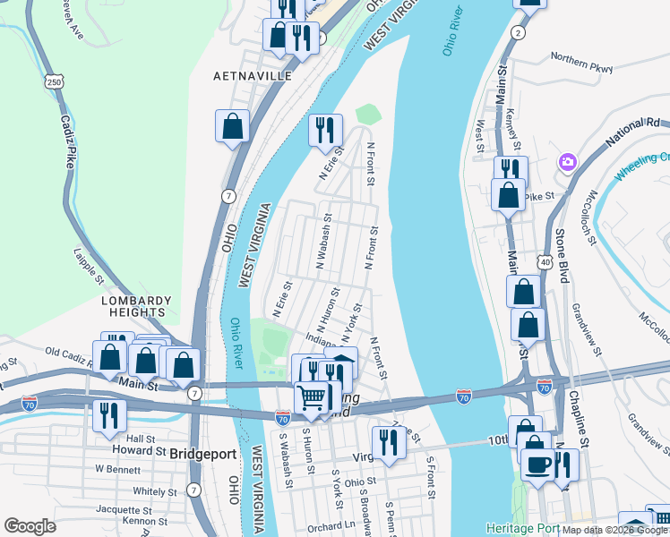 map of restaurants, bars, coffee shops, grocery stores, and more near 424 North Huron Street in Wheeling