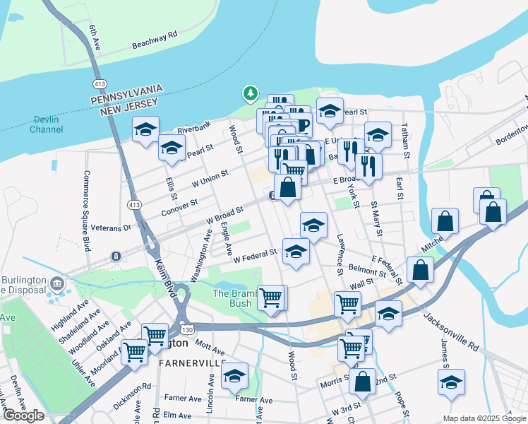 map of restaurants, bars, coffee shops, grocery stores, and more near 403 Wood Street in Burlington
