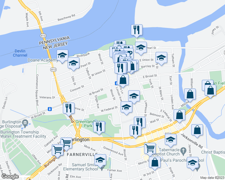 map of restaurants, bars, coffee shops, grocery stores, and more near 403 Wood Street in Burlington