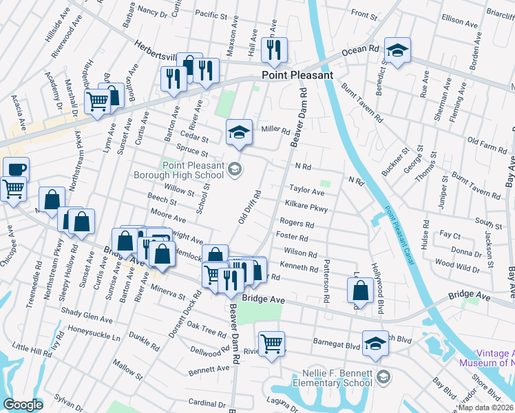 map of restaurants, bars, coffee shops, grocery stores, and more near 2311 Bert Avenue in Point Pleasant
