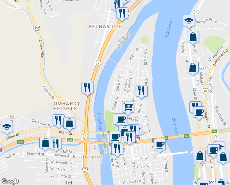 map of restaurants, bars, coffee shops, grocery stores, and more near 404 Ontario Street in Wheeling