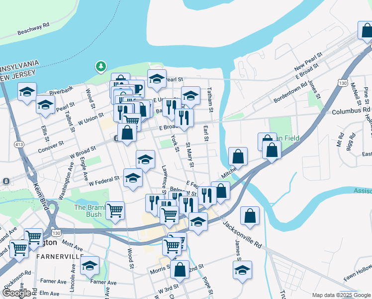 map of restaurants, bars, coffee shops, grocery stores, and more near 442 Saint Mary Street in Burlington