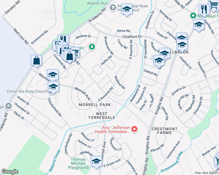 map of restaurants, bars, coffee shops, grocery stores, and more near 10724 East Keswick Road in Philadelphia
