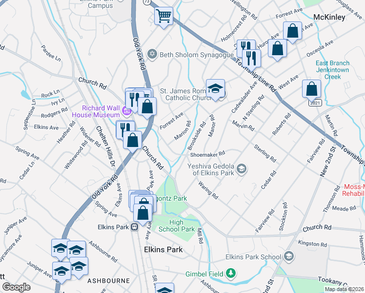 map of restaurants, bars, coffee shops, grocery stores, and more near 8210 Brookside Road in Elkins Park