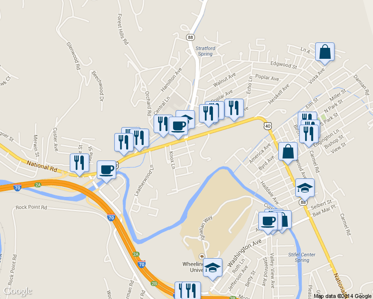 map of restaurants, bars, coffee shops, grocery stores, and more near 8 Congress Avenue in Wheeling