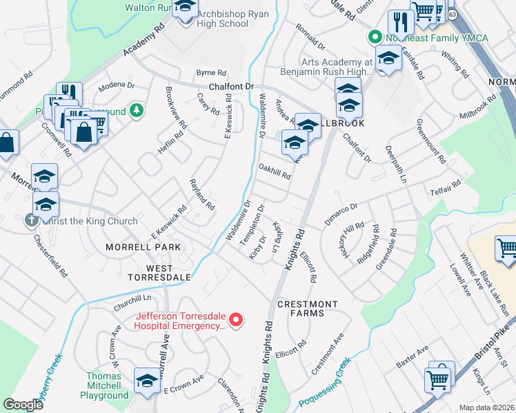 map of restaurants, bars, coffee shops, grocery stores, and more near 10970 Templeton Drive in Philadelphia