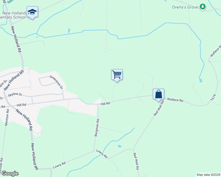 map of restaurants, bars, coffee shops, grocery stores, and more near 261 Hill Road in New Holland