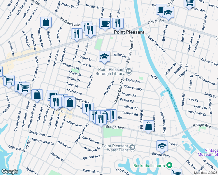 map of restaurants, bars, coffee shops, grocery stores, and more near 1122 Old Drift Road in Point Pleasant