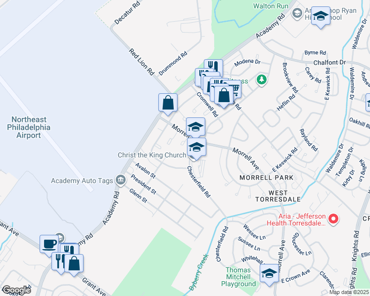 map of restaurants, bars, coffee shops, grocery stores, and more near 10005 Warfield Place in Philadelphia