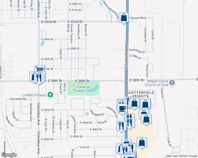 map of restaurants, bars, coffee shops, grocery stores, and more near 1830 East 38th Street in Anderson