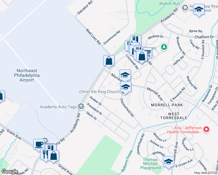 map of restaurants, bars, coffee shops, grocery stores, and more near 10000 Westbourne Place in Philadelphia