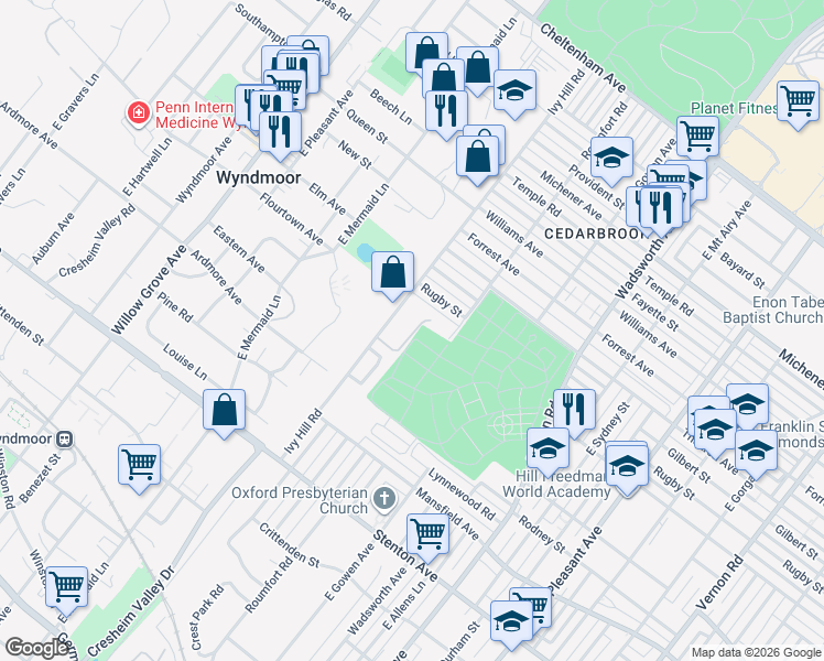 map of restaurants, bars, coffee shops, grocery stores, and more near 1100 Ivy Hill Road in Philadelphia