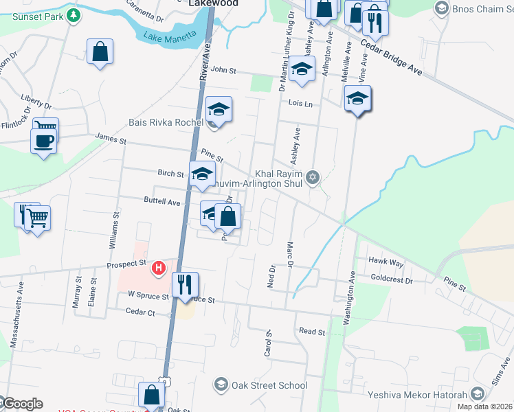 map of restaurants, bars, coffee shops, grocery stores, and more near 27 Forest Park Circle in Lakewood