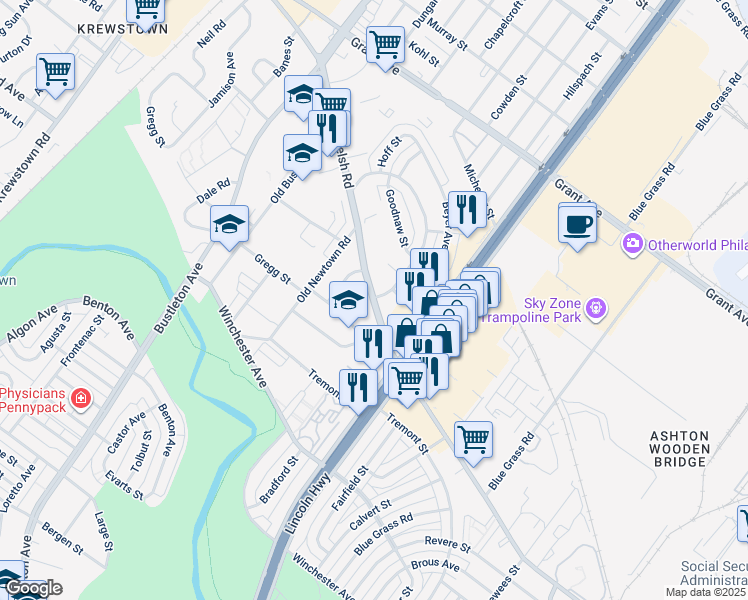 map of restaurants, bars, coffee shops, grocery stores, and more near 2131 Welsh Road in Philadelphia