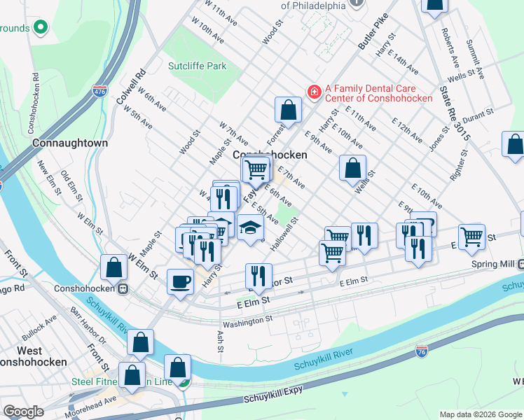 map of restaurants, bars, coffee shops, grocery stores, and more near 501 Harry Street in Conshohocken