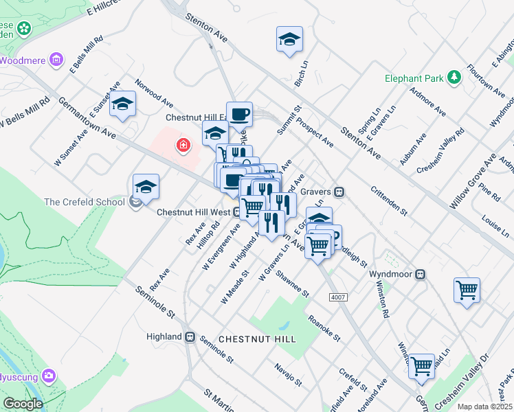 map of restaurants, bars, coffee shops, grocery stores, and more near 183 East Evergreen Avenue in Philadelphia