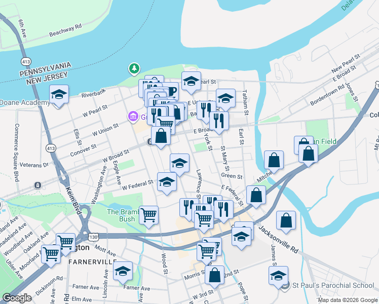 map of restaurants, bars, coffee shops, grocery stores, and more near 438 Lawrence Street in Burlington