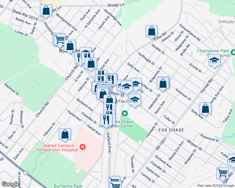 map of restaurants, bars, coffee shops, grocery stores, and more near 442 Rhawn Street in Philadelphia