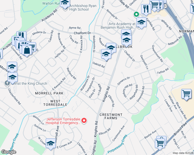 map of restaurants, bars, coffee shops, grocery stores, and more near 10970 Templeton Drive in Philadelphia