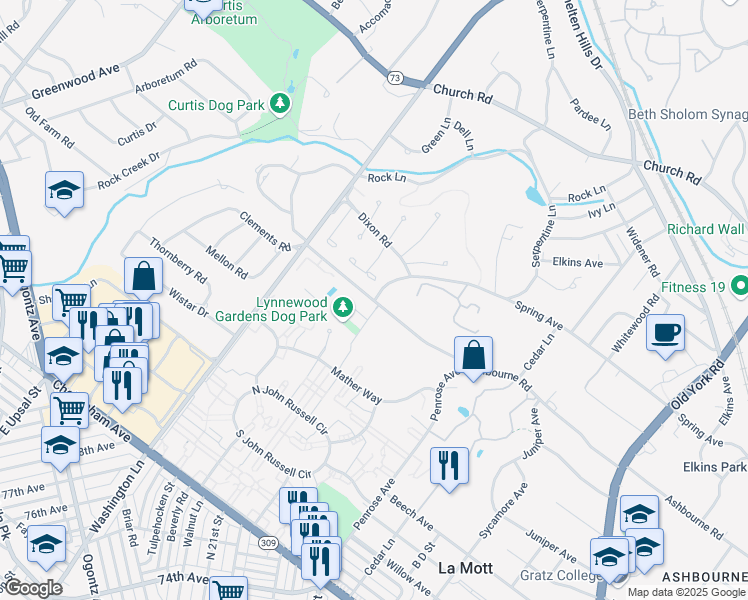 map of restaurants, bars, coffee shops, grocery stores, and more near 7811 Clyde Stone Drive in Elkins Park