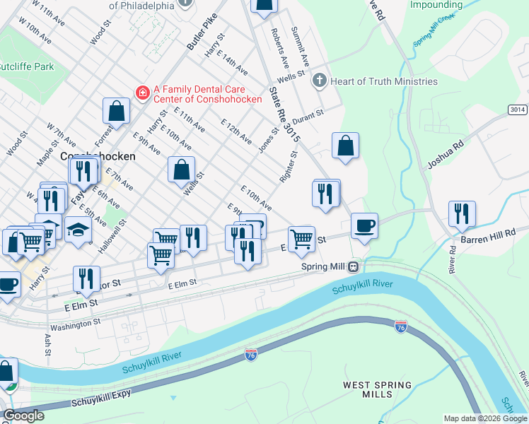 map of restaurants, bars, coffee shops, grocery stores, and more near 913 Righter Street in Conshohocken