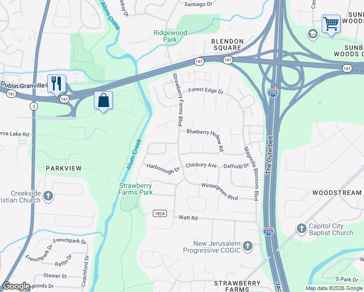 map of restaurants, bars, coffee shops, grocery stores, and more near 5136 Strawberry Farms Boulevard in Gahanna