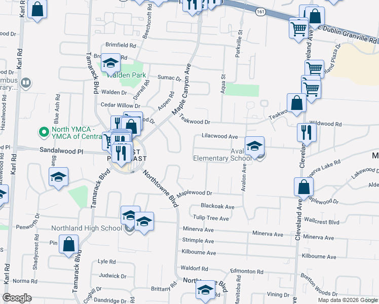 map of restaurants, bars, coffee shops, grocery stores, and more near 5294 Torchwood Loop East in Columbus
