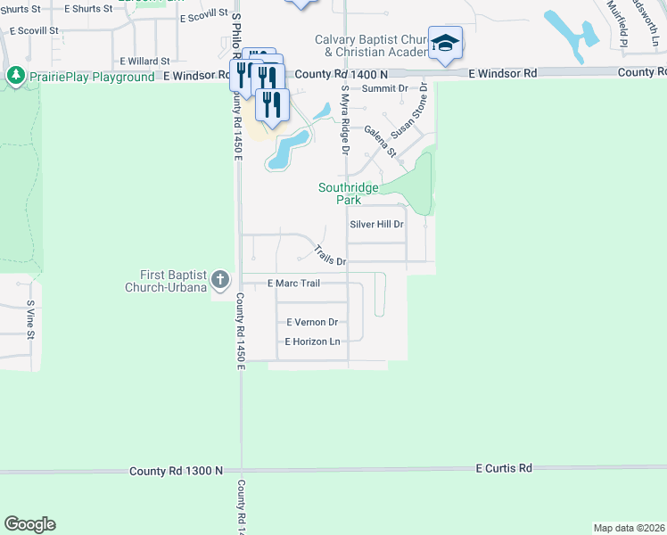 map of restaurants, bars, coffee shops, grocery stores, and more near 1702 Trails Drive in Urbana