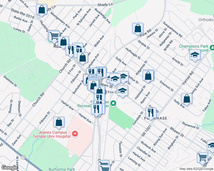map of restaurants, bars, coffee shops, grocery stores, and more near 442 Rhawn Street in Philadelphia