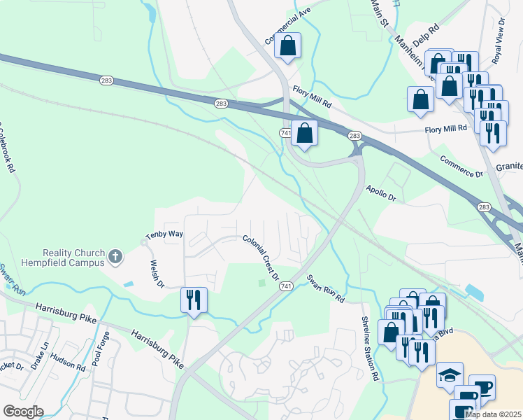 map of restaurants, bars, coffee shops, grocery stores, and more near 1441 Rohrerstown Road in Lancaster