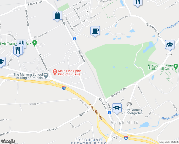 map of restaurants, bars, coffee shops, grocery stores, and more near 190 Pine Tree Road in King of Prussia