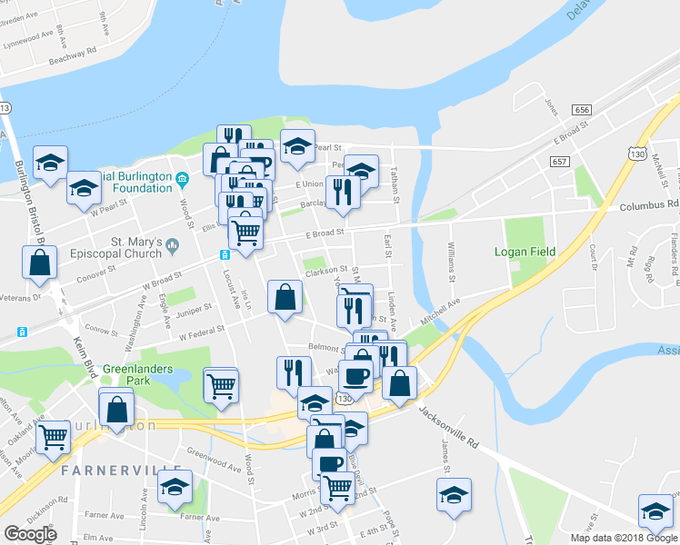 map of restaurants, bars, coffee shops, grocery stores, and more near 503 York Street in Burlington
