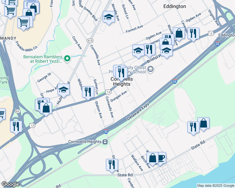 map of restaurants, bars, coffee shops, grocery stores, and more near 2202 Dungan Avenue in Bensalem
