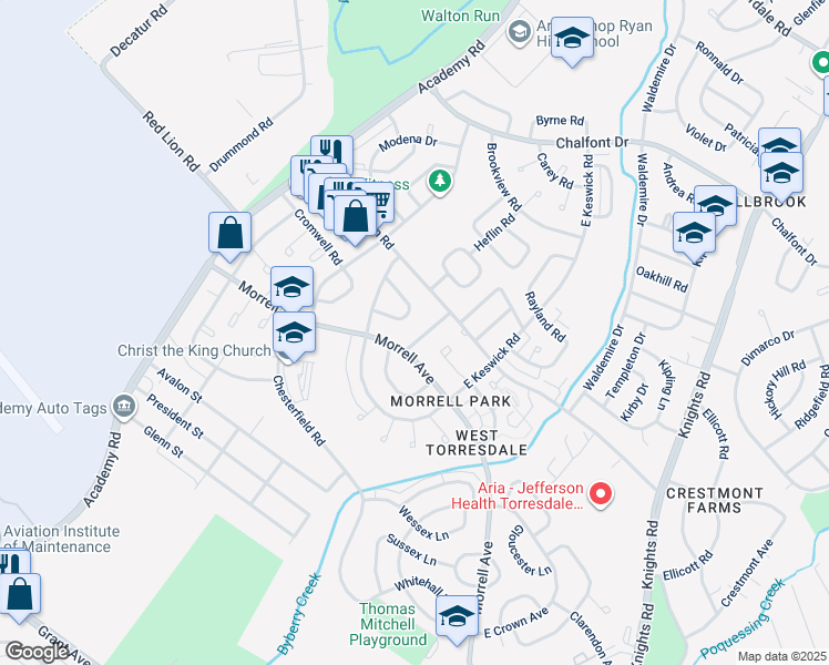map of restaurants, bars, coffee shops, grocery stores, and more near 10214 Albemarle Lane in Philadelphia
