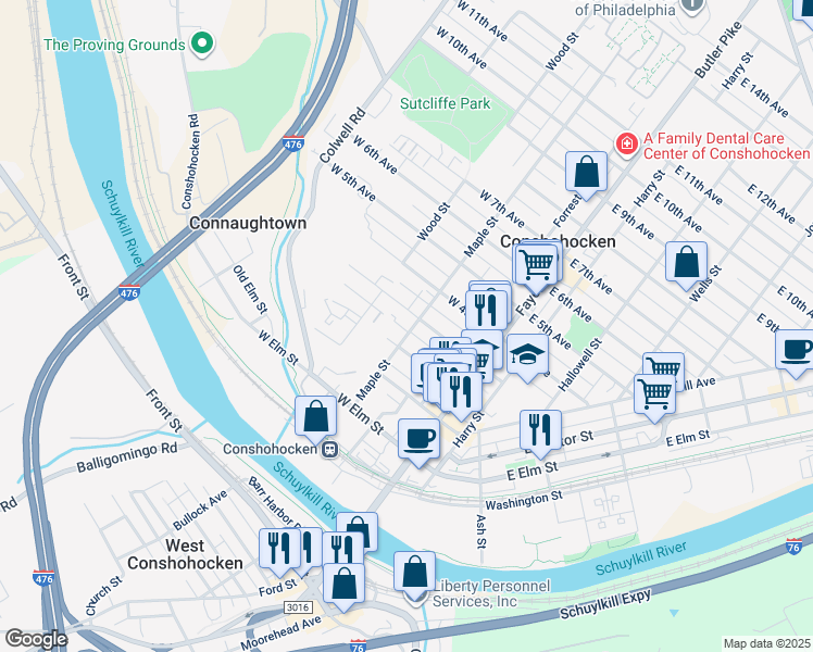 map of restaurants, bars, coffee shops, grocery stores, and more near 222 Maple Street in Conshohocken