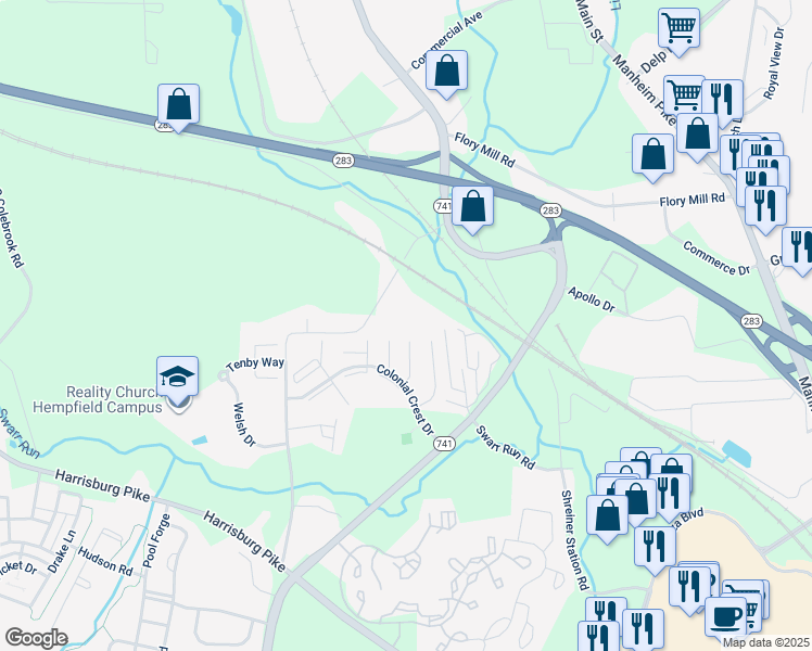 map of restaurants, bars, coffee shops, grocery stores, and more near 1441 Rohrerstown Road in Lancaster