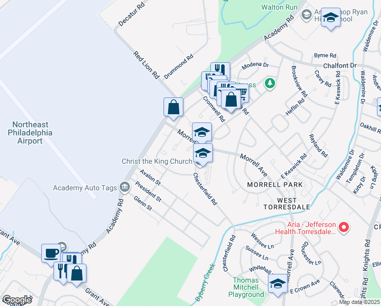map of restaurants, bars, coffee shops, grocery stores, and more near 10005 Warfield Place in Philadelphia