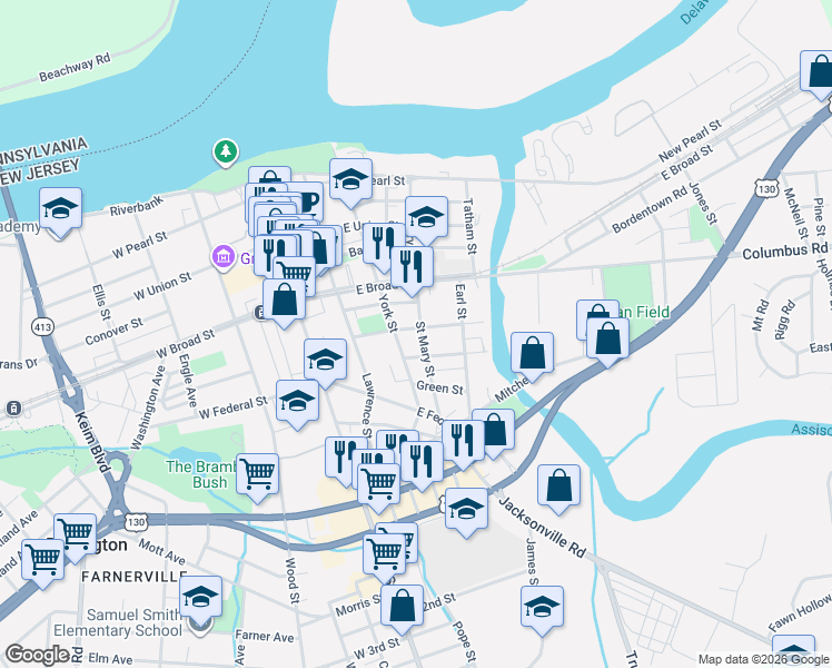 map of restaurants, bars, coffee shops, grocery stores, and more near 307 Clarkson Street in Burlington