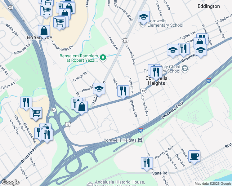 map of restaurants, bars, coffee shops, grocery stores, and more near 1051 Wildman Avenue in Bensalem