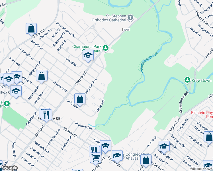 map of restaurants, bars, coffee shops, grocery stores, and more near 8422 Strahle Terrace in Philadelphia
